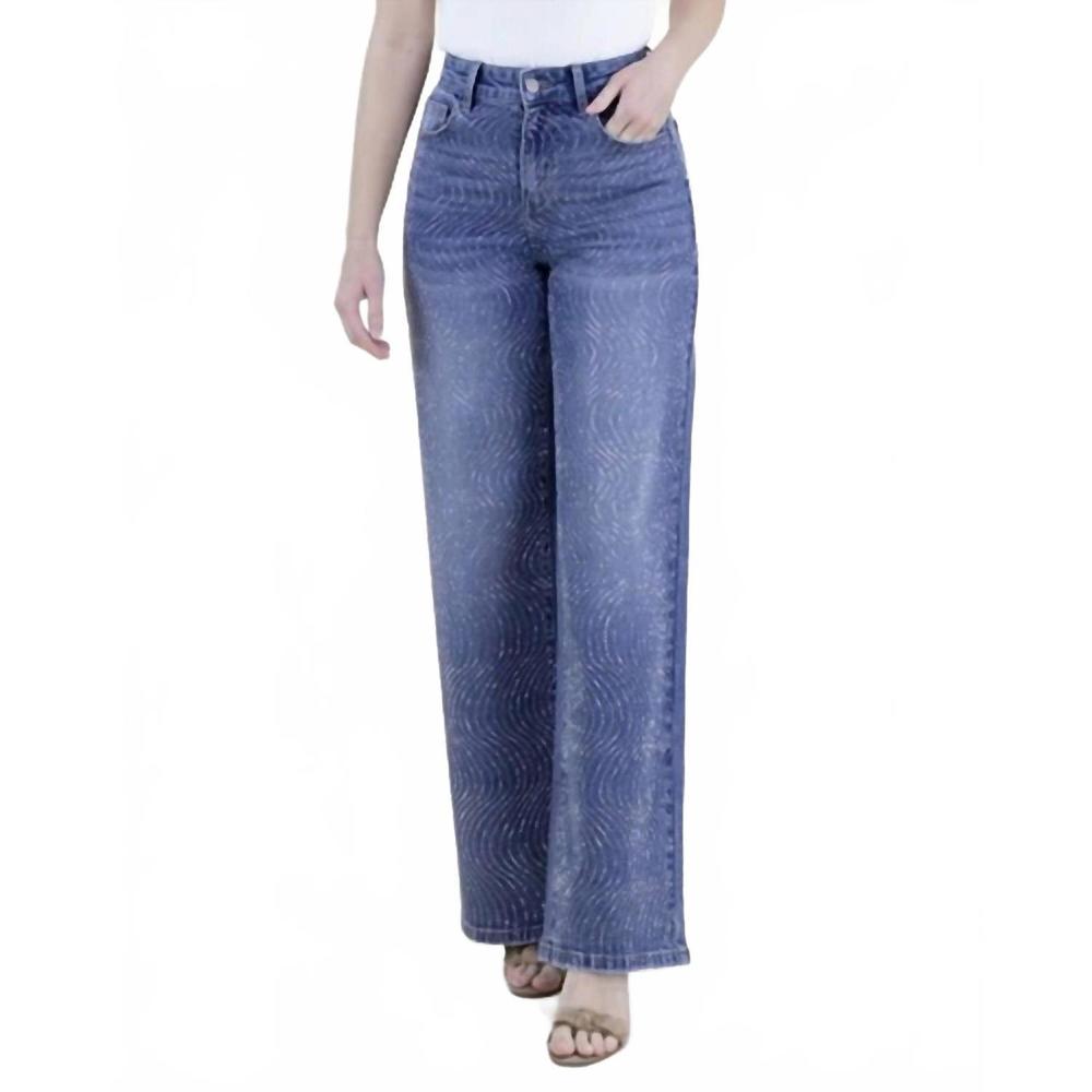 NEW ORIGINAL USA swirl embellished rhinestone high rise wide leg jeans in denim